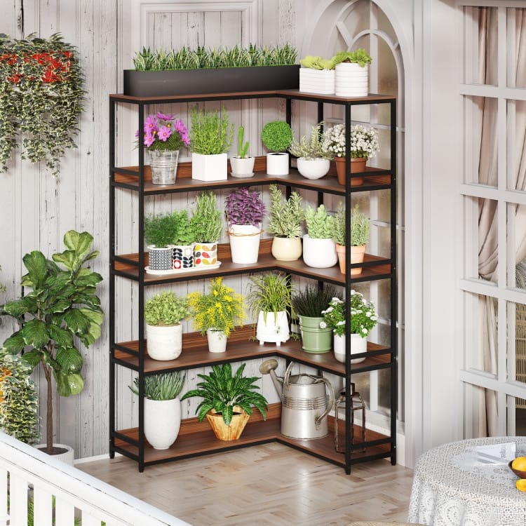 Metal and Wood L-Shaped Bookshelf 5-Tier Corner Shelf with Anti-Tip Kits - 43.5" L x 35" W x 71" H