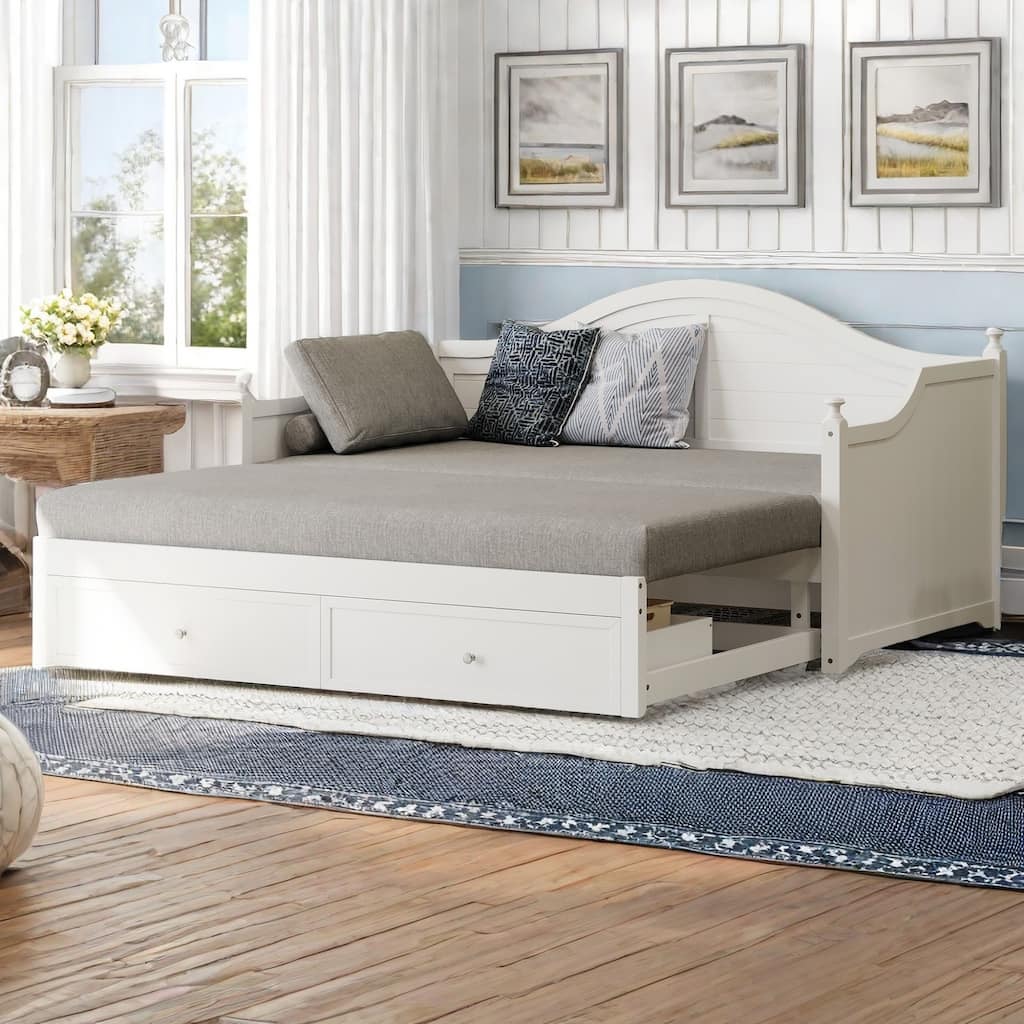 Twin Size Wood Daybed with Pop-Up Trundle and Storage Drawers by Harper&Bright Designs