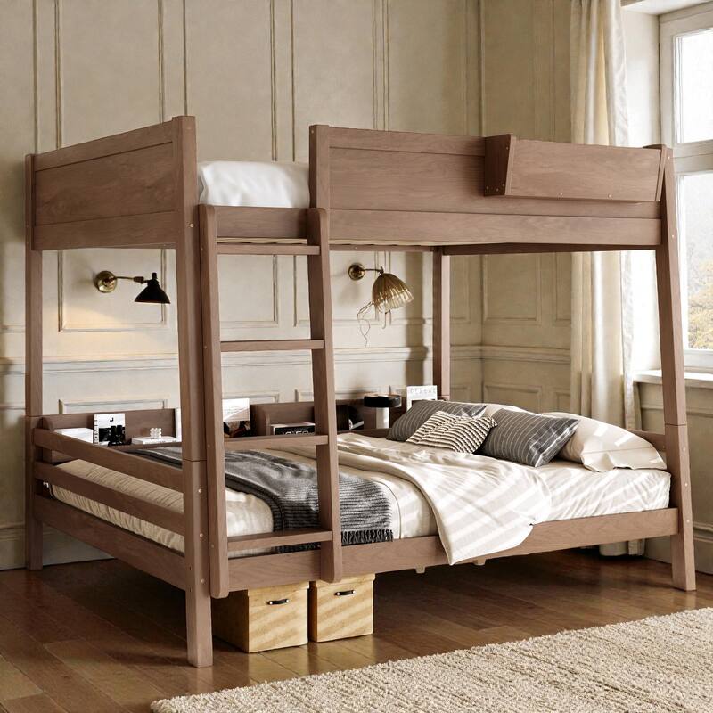 Wooden Bunk Bed Frame with Built-In Storage Shelves, Convertible to Two Beds, No Box Spring Needed