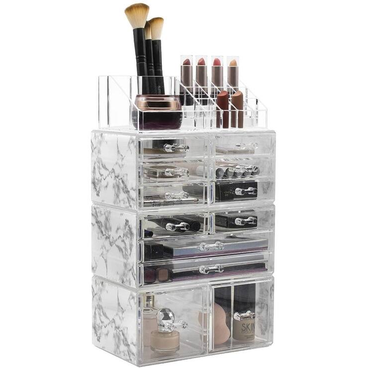 Sorbus Cosmetic Makeup and Jewelry Storage Case with 12 Drawers and 16 Slots - 4-Piece Set - Clear - Marble