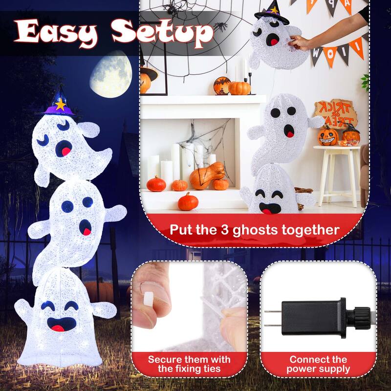 Costway 4 FT Lighted Stacked Ghosts Standing Halloween Decoration with - See Details