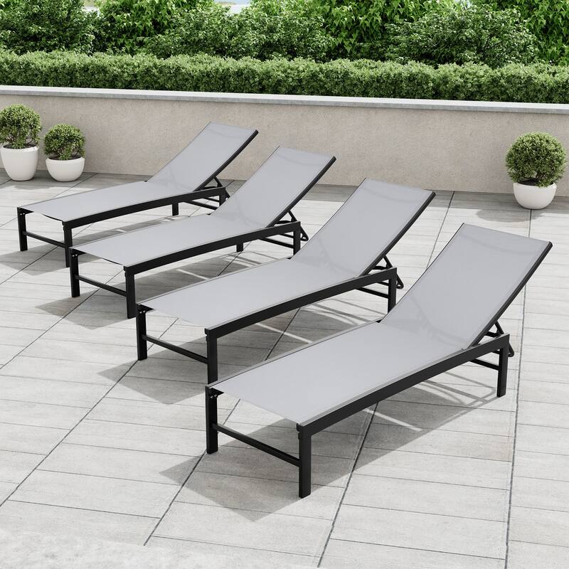 Crestlive Outdoor Pool Side Adjustable Aluminum Chaise Lounge Chairs Set of 4 - See Picture - Light Gray Fabric, Black Frame