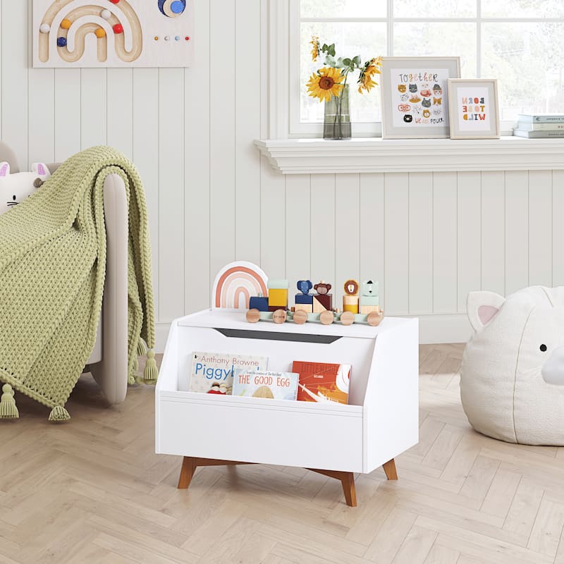 COSTARS White Wooden Kids Toy Chest and Storage Organizer Bench with Front Book Storage Area