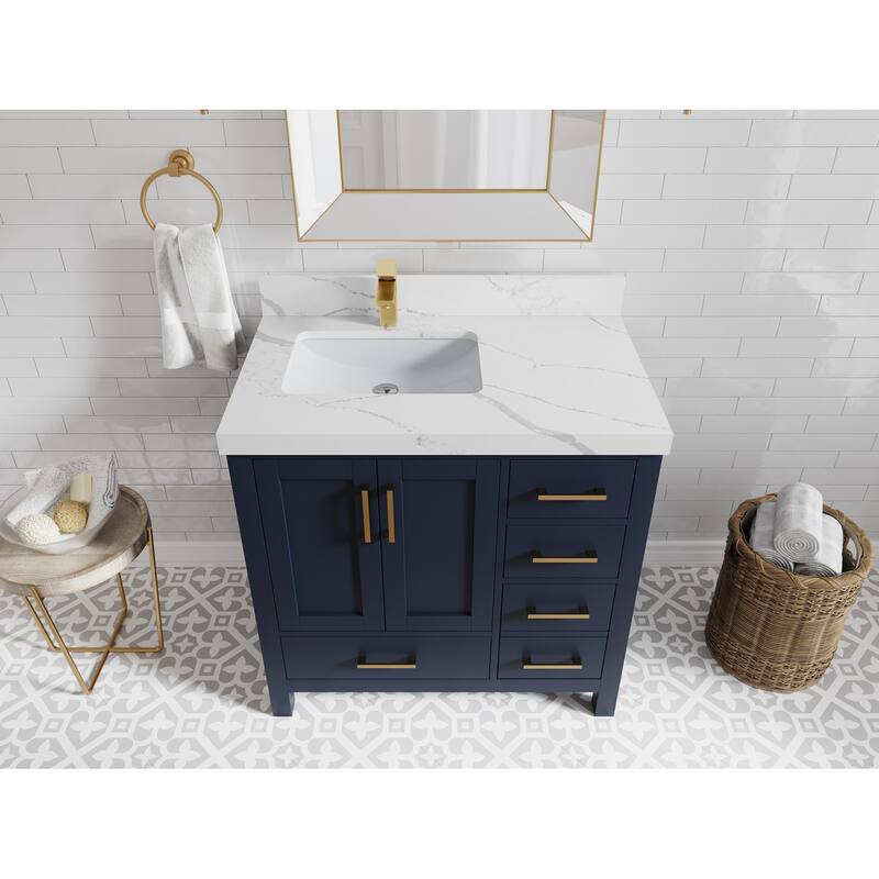 Willow Collections 36 in. W x 22 in. D Malibu Left Offset Sink Bathroom Vanity with Countertop - 2" Calacatta Laza - Navy Blue