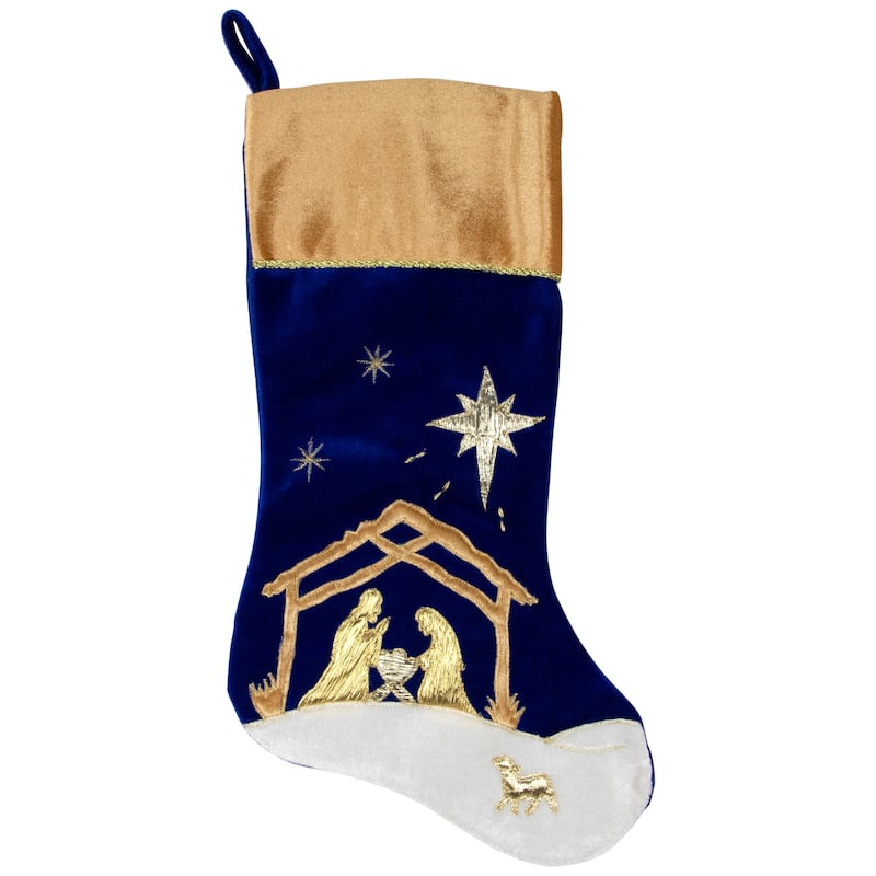 20.5" Blue and Gold Nativity Scene Christmas Stocking with Gold Cuff