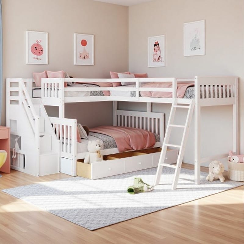 Twin Over Full L-Shaped Bunk Bed with Storage Staircase, 3 Drawers and Shelves, Guardrails and Ladder