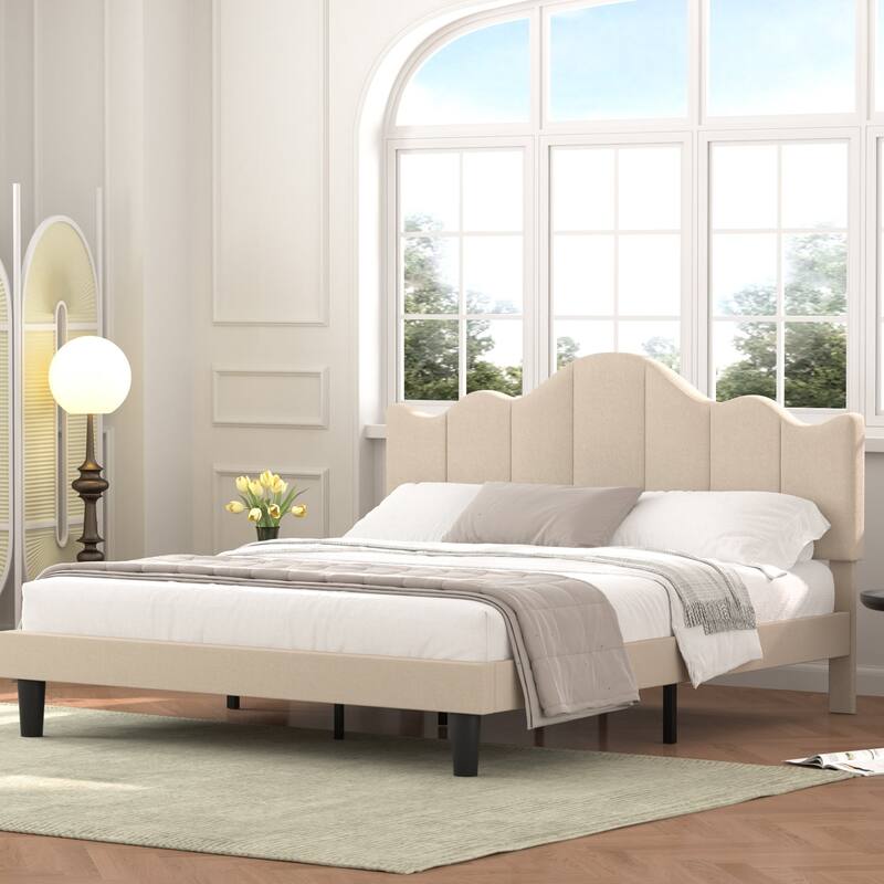 VECELO Modern Upholstered Platform Bed with Adjustable Headboard, Dark Blue/ White/ Grey/ Beige Bed Frames