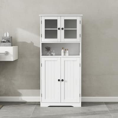 Tall Bathroom Storage Cabinet with Glass Doors and Adjustable Shelves