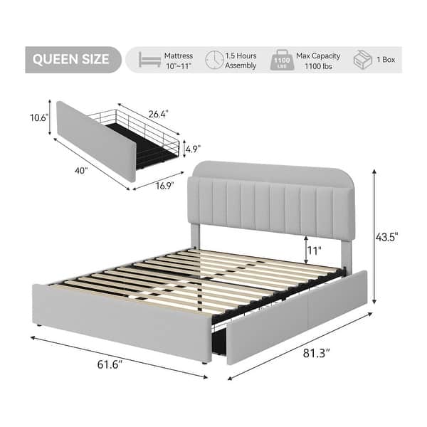 dimension image slide 6 of 13, Garvee Bedroom Boucle Platform Bed Frame, Storage Headboard, 2 Drawers