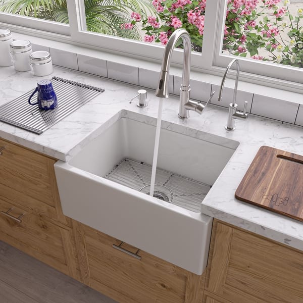 24-inch White Fireclay Thick-wall Single-bowl Kitchen Sink ...