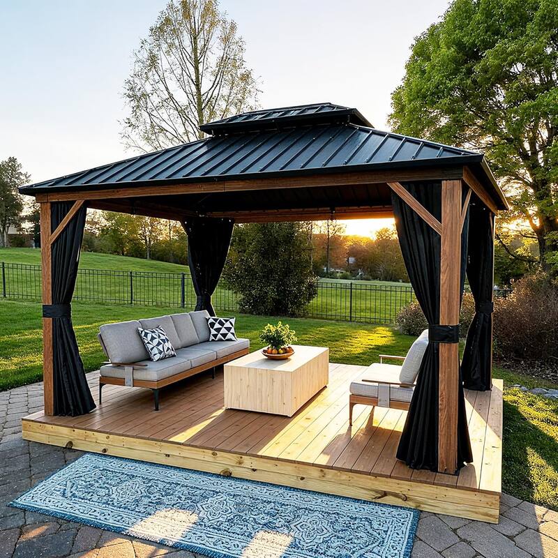 PURPLE LEAF Double Top Outdoor Sunroom Screen House Patio Hardtop Gazebo Wood Grain - 10ft x 12ft - Wood Grain Gazebos