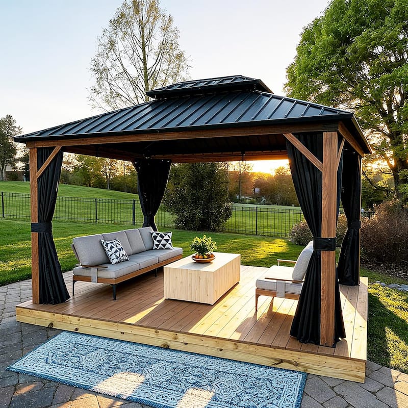 PURPLE LEAF Patio Hardtop Gazebo for Outdoor Wood Grain Aluminum Frame Galvanized Steel Double Roof and Backyard Garden - 10ft x 12ft - Wood Grain
