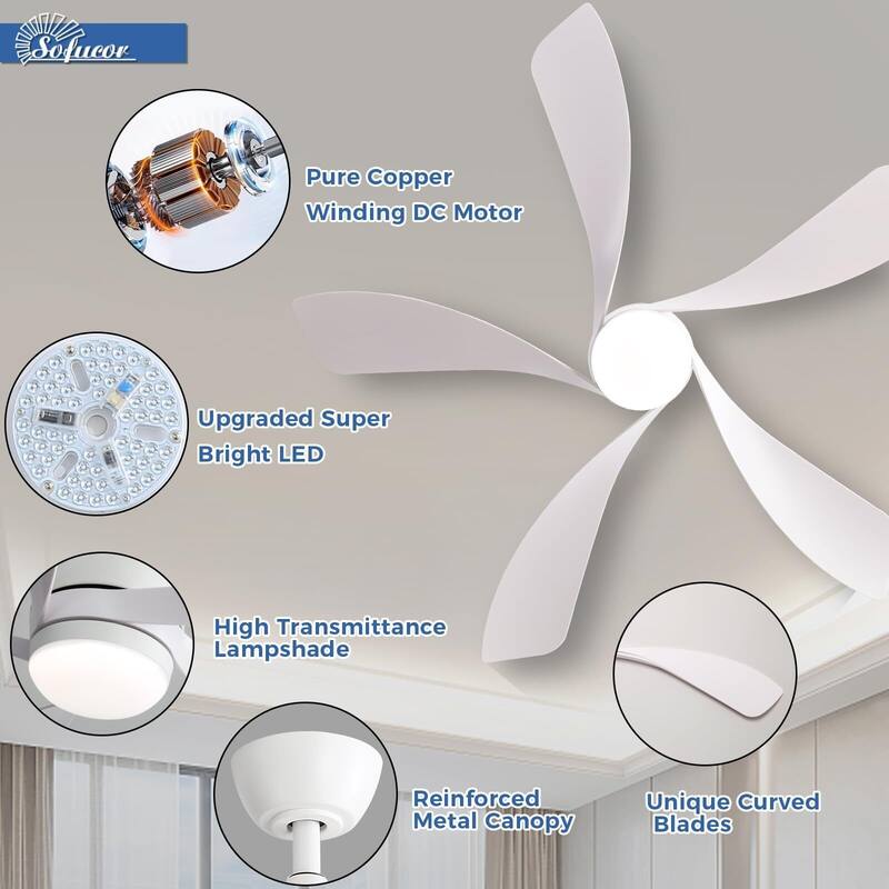 52 Inch Ceiling Fan with Remote & Lights Quiet DC Motor 5 Blade High CFM Modern Fan