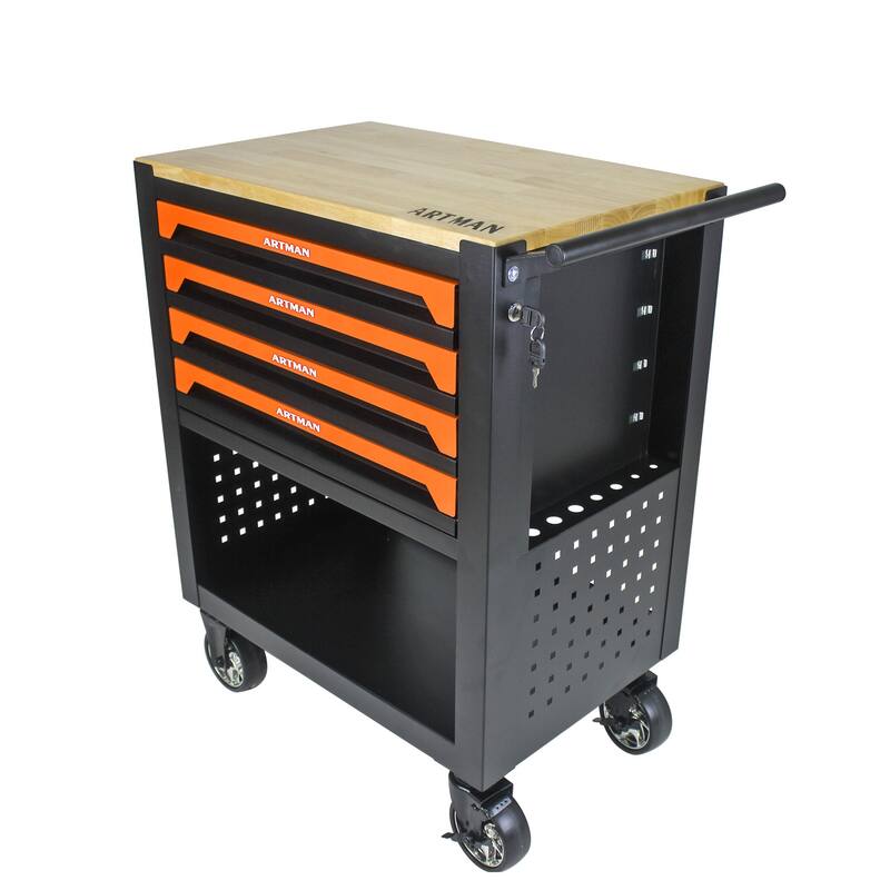 4 Drawers Multifunctional Tool Cart with Wheels and Wooden Top Multiple Uses - Home office or garage