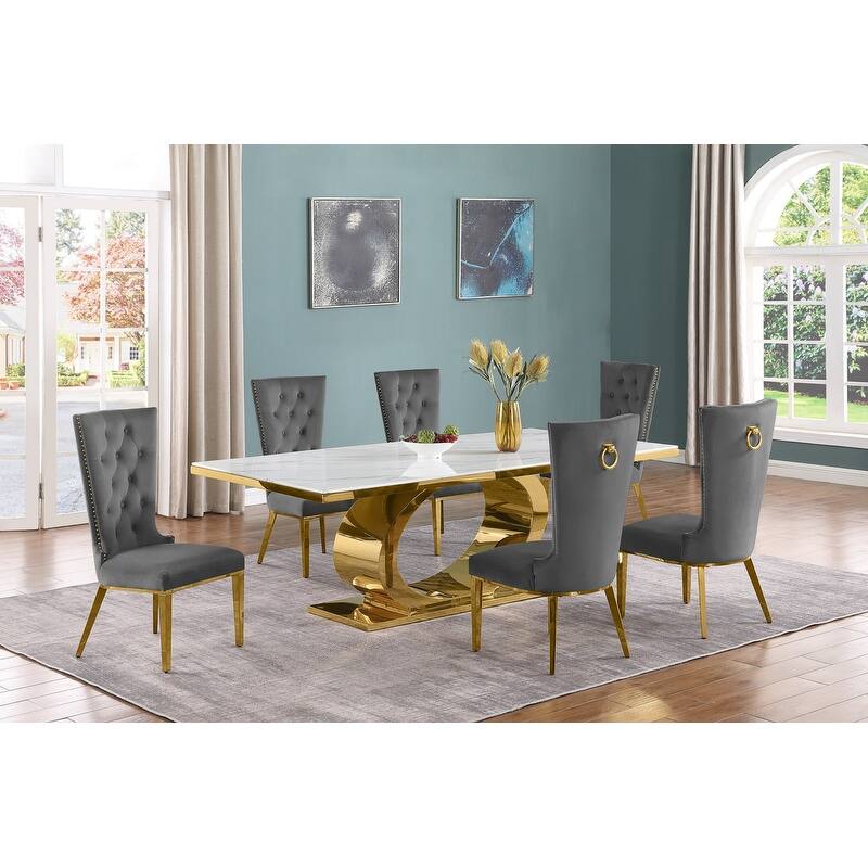 Best Quality Furniture D432/3-SC330-7 Dining Set with 87" White Marble Top - Dark Grey / Gold - 7-Piece