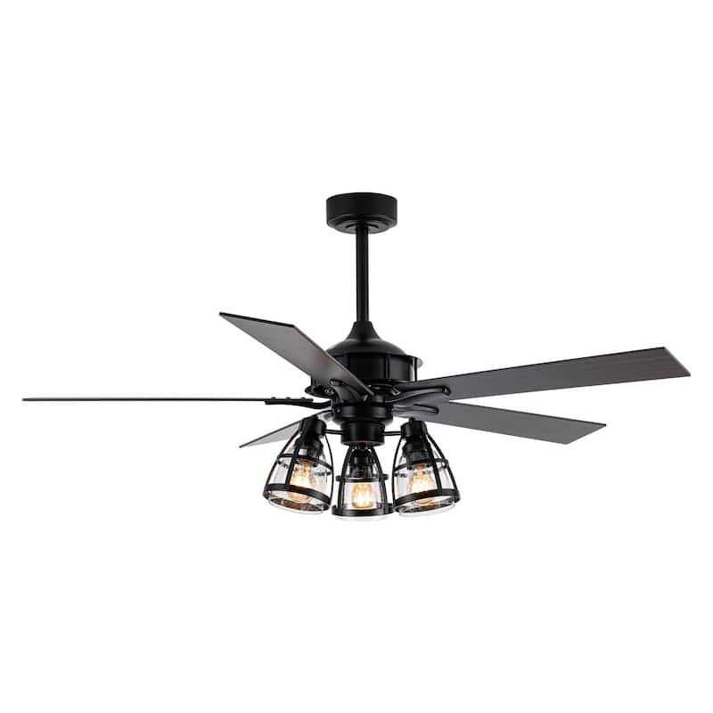 52" Industrial Matte Black Wood 3-Light Glass Ceiling Fan Chandelier with Remote