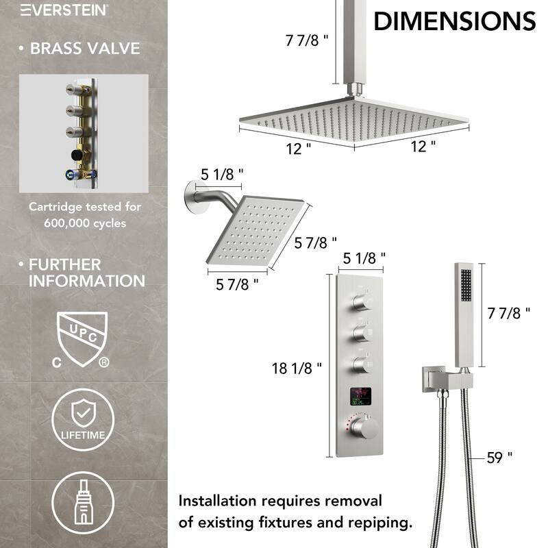 Digital Thermostatic Shower System Faucet Set 12" and 6" Temperature-Sensitive LED Rain Shower Head with Handheld Spray