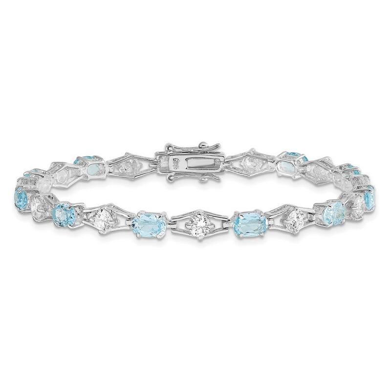 Curata 925 Sterling Silver Polished Box Catch Closure Blue Topaz and CZ Cubic Zirconia Simulated Diamond Bracelet 7 Inch Box