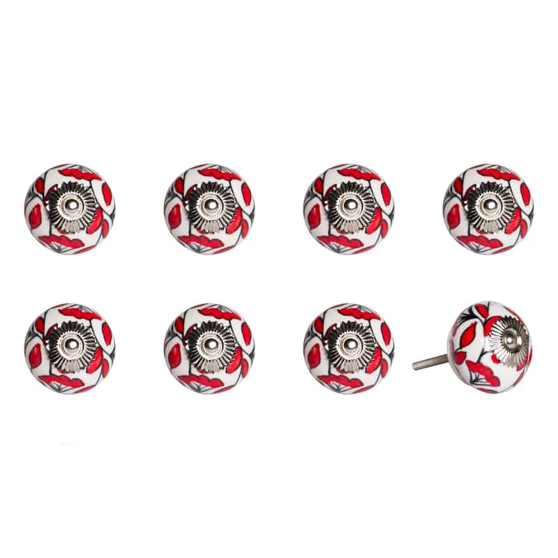 Set of 8 White and Red Ceramic Drawer Pull Knobs for Cabinets - 1.50” x 1.50” x 1.50” - White-Red