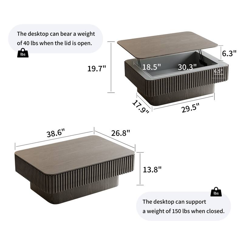 GDF Studio - Modern Wooden Veneer Lift-Top Coffee Table with Fluted Design & Storage - 38.6''