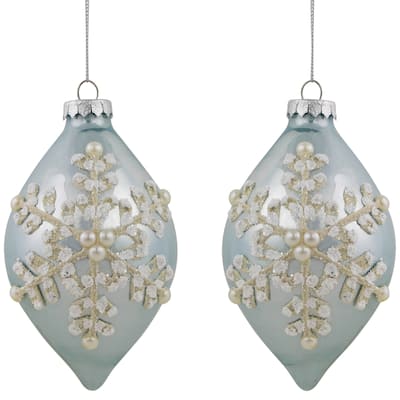 Set of 2 Shiny Artic Blue Textured Snowflakes Finial Christmas Glass Ornaments 5"