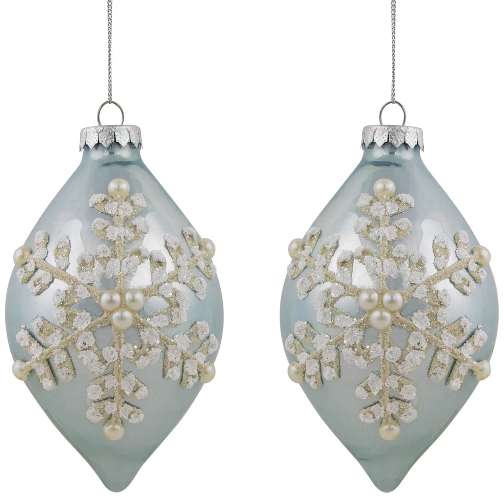 2 Shiny Artic Blue Textured Snowflakes Finial Christmas Ornaments 5"