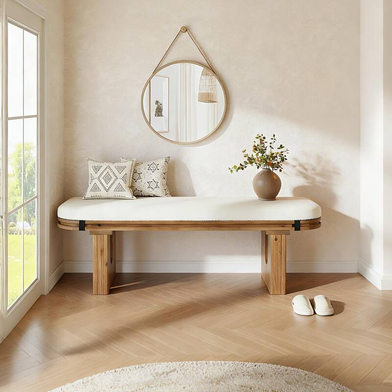 47.24" Solid Wood Upholstered Bedroom Bench, Bed End Entryway Bench for Hallway Living Room Kitchen