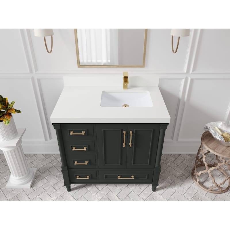 Willow Collections 36 in. W x 22 in. D Aberdeen Right Offset Sink Bathroom Vanity with Countertop - 2" White Quartz - Black Top