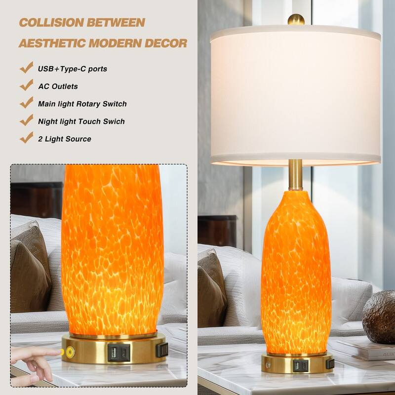 26" Orange Spot Glass Table Lamp with USB-C Charging, Dual Lighting & Metal Touch Switch(Set of 2) - 12'' x 12'' x 26''