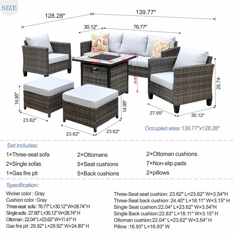 OVIOS 6-piece Patio Outdoor Wicker Conversation Set With 30" Fire Pit