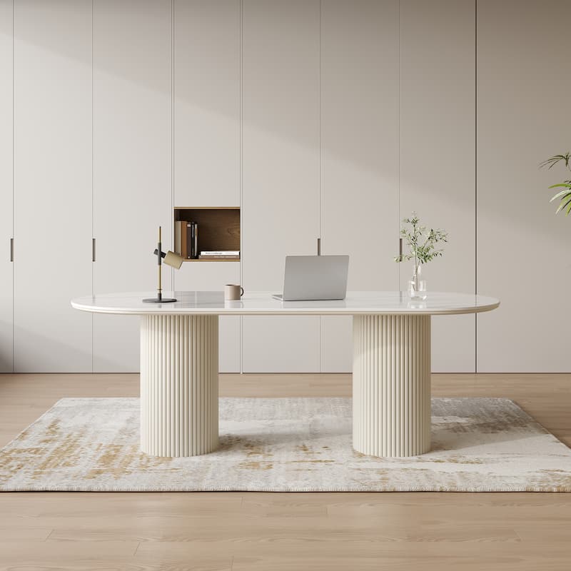 71" Modern Oval Writing Desk,Glossy White Office Table,with Double Solid Wood Legs, 3 Colors Optional