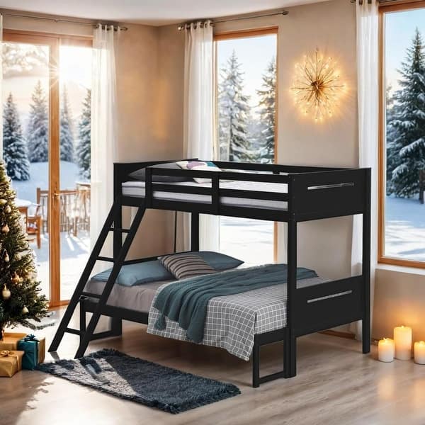 slide 2 of 37, Contemporary Twin over Full Bunk Bed with Masculine Style Frame, Angled Ladder, Guardrails and Convertible Design Black