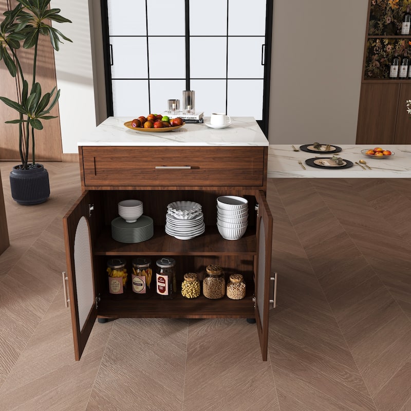 80" Expandable Kitchen Island with Dining Table with Marble-Grain Countertop with Power Outlet