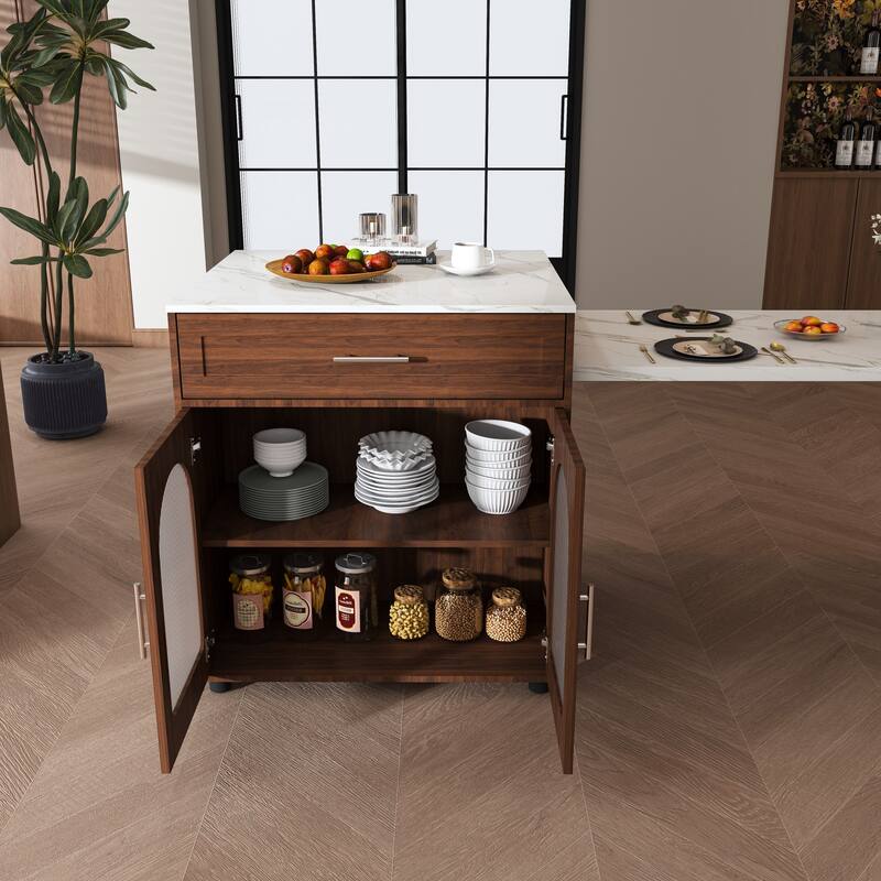 80-Inch Expandable Mobile Kitchen Island with Dining Table, Marble-Grain Top & Power Outlet