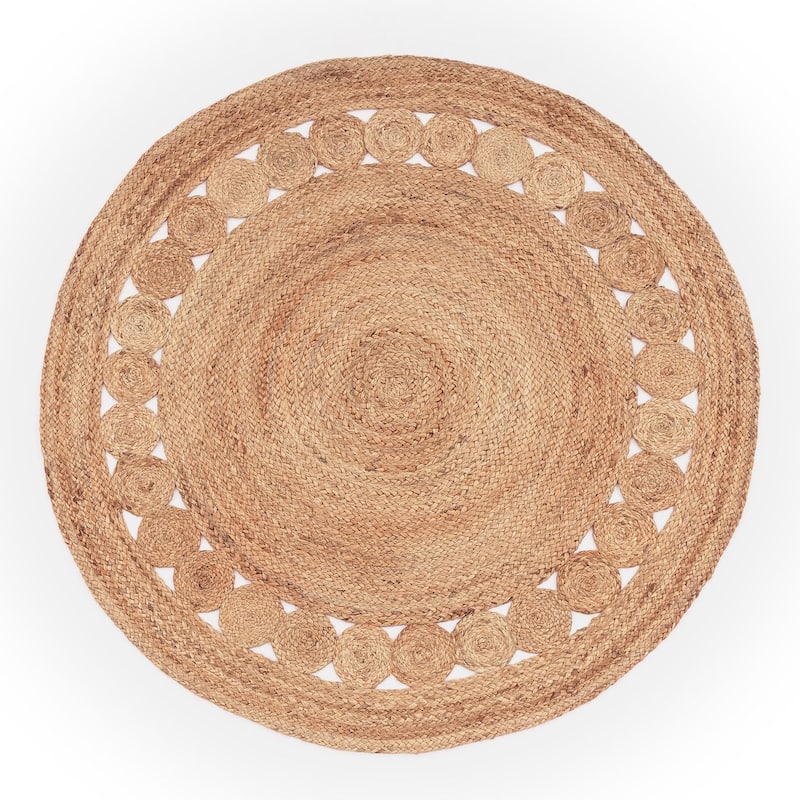 Hand-Woven Jute Rug Round with circles and border in Nature - 5'3" Round