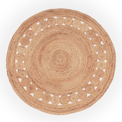 Hand-Woven Jute Rug Round with circles and border in Nature