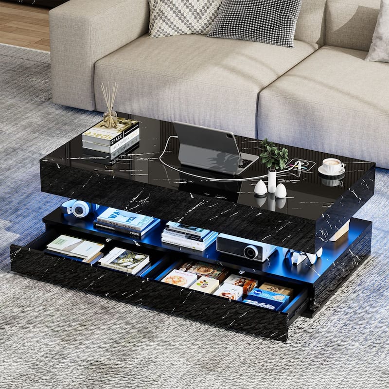 Smart LED Coffee Table 47.2" with Bluetooth Speaker & Wireless Charging, Modern White Marble Center Table
