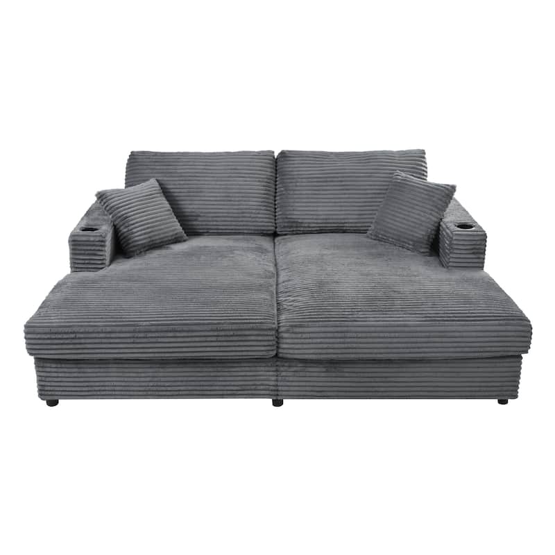 Corduroy Loveseat, Upholstered Deep Seat Sofa Lounge Couch Bed w2 Pillows and 2 Cup Holders 2 USB Ports Recliner Sofa