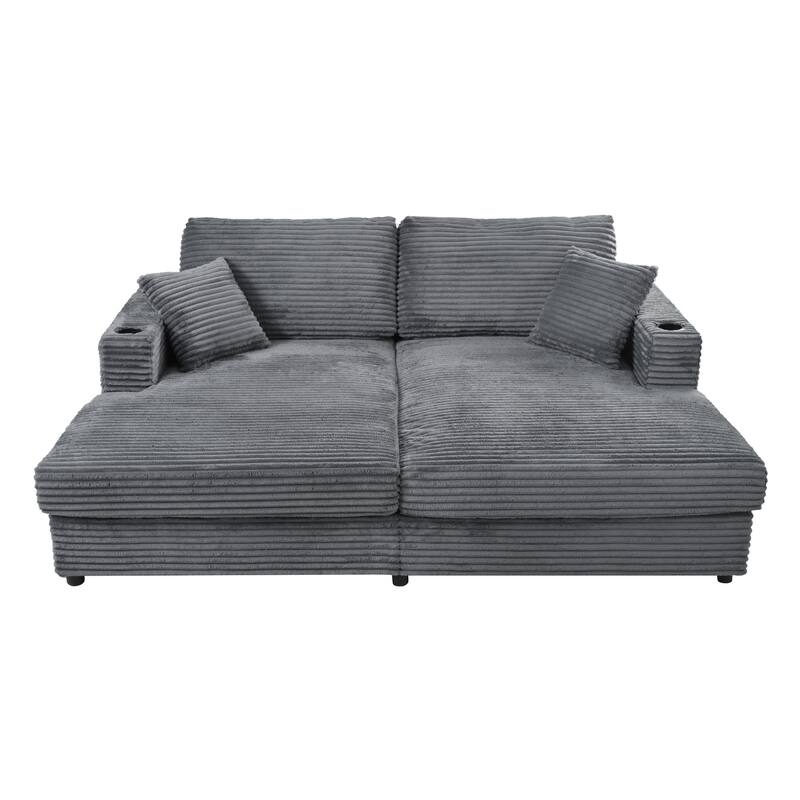 Roomfitters Oversized Loveseat Chaise Lounge Sectional Sofa Bed, Corduroy Sleeper with USB Ports, Cup Holders