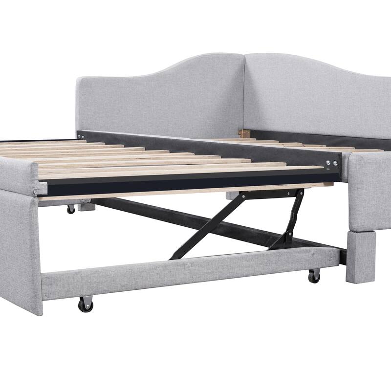 Twin Size Upholstered L-Shaped Upholstered Daybed with Pop Up Trundle for Home Office