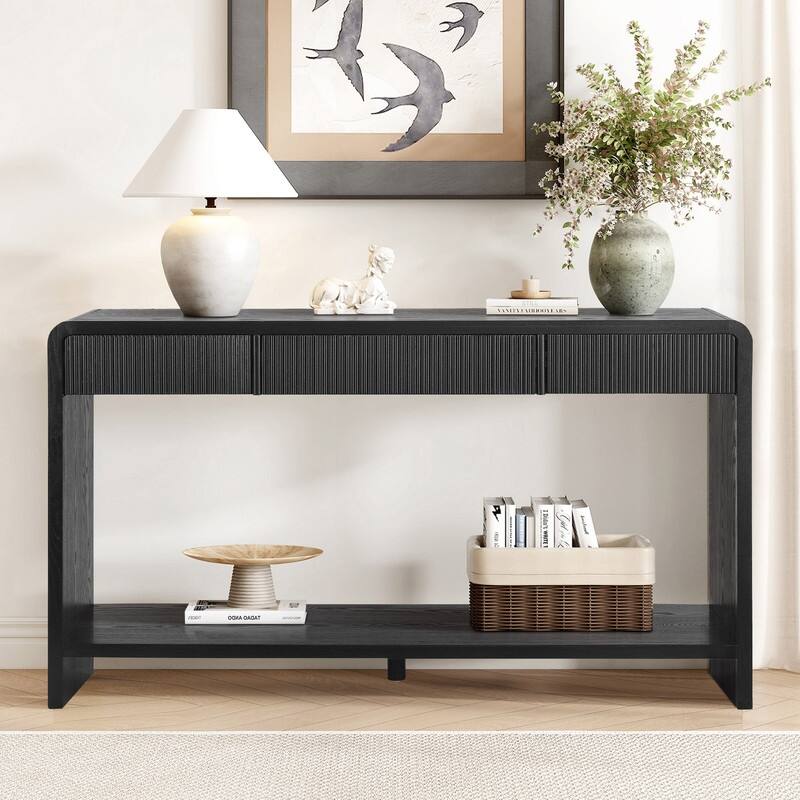 Modern 59" Console Table with 3 Drawers, Vertical Slats and Round Edge Design for Entryway or Hallway