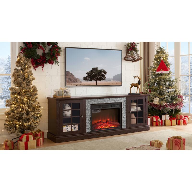Fireplace TV Stand with 23" Electric Fireplace, Faux Stacked Stone Surround Media Cabinet TV Console for TVs up to 75"