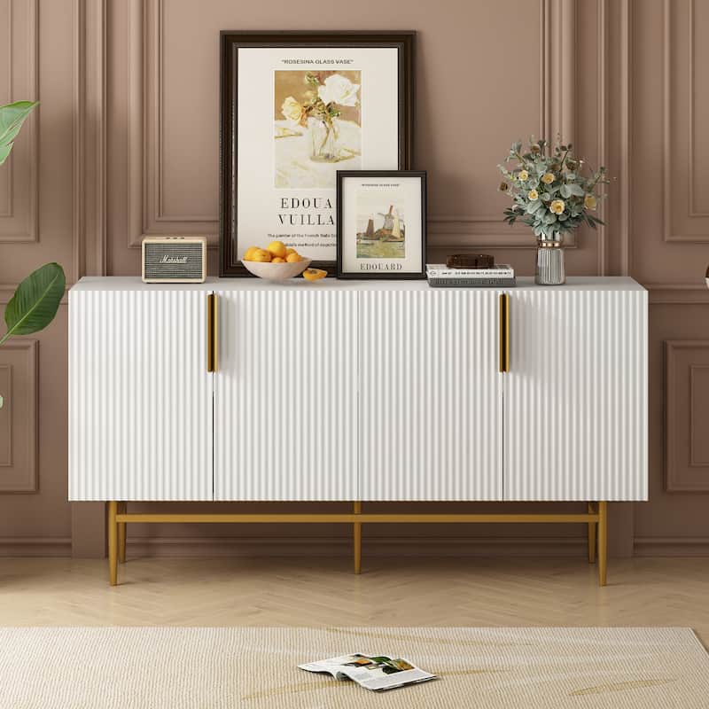 Buffet Cabinet Wave Stripe Design Sideboard with Gold Handles and Legs, TV Console Table Accent Cabinet with Adjustable Shelves