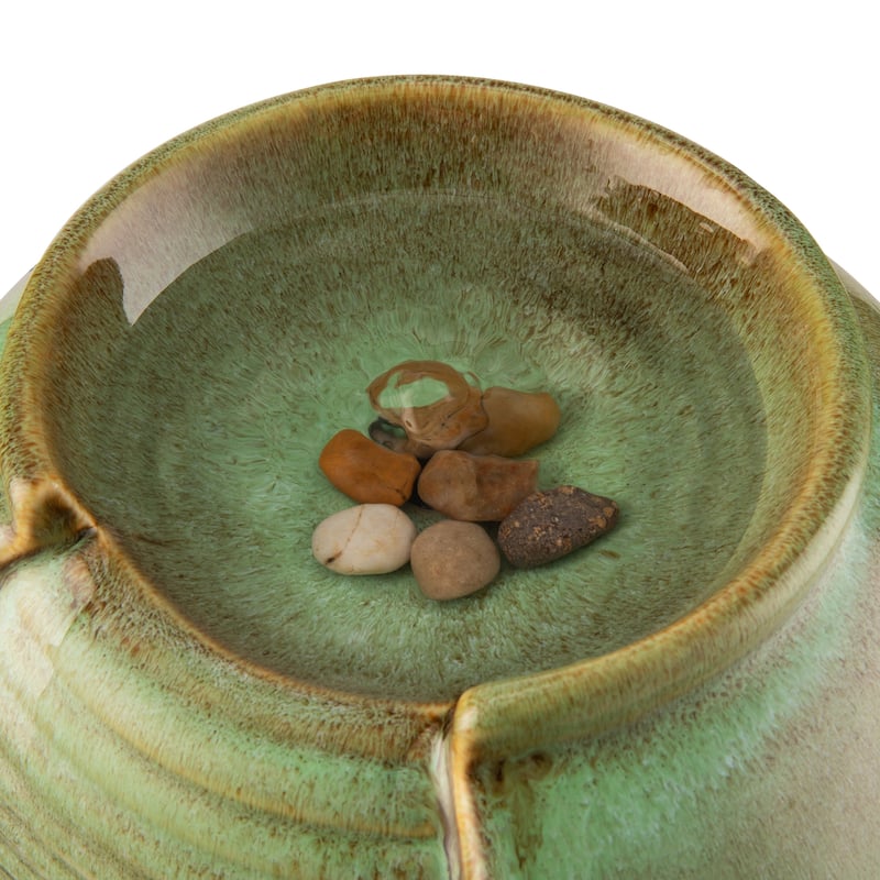 Glitzhome 9"H Leaf Textured Ceramic Jar Indoor Tabletop Water Fountain with LED Lights