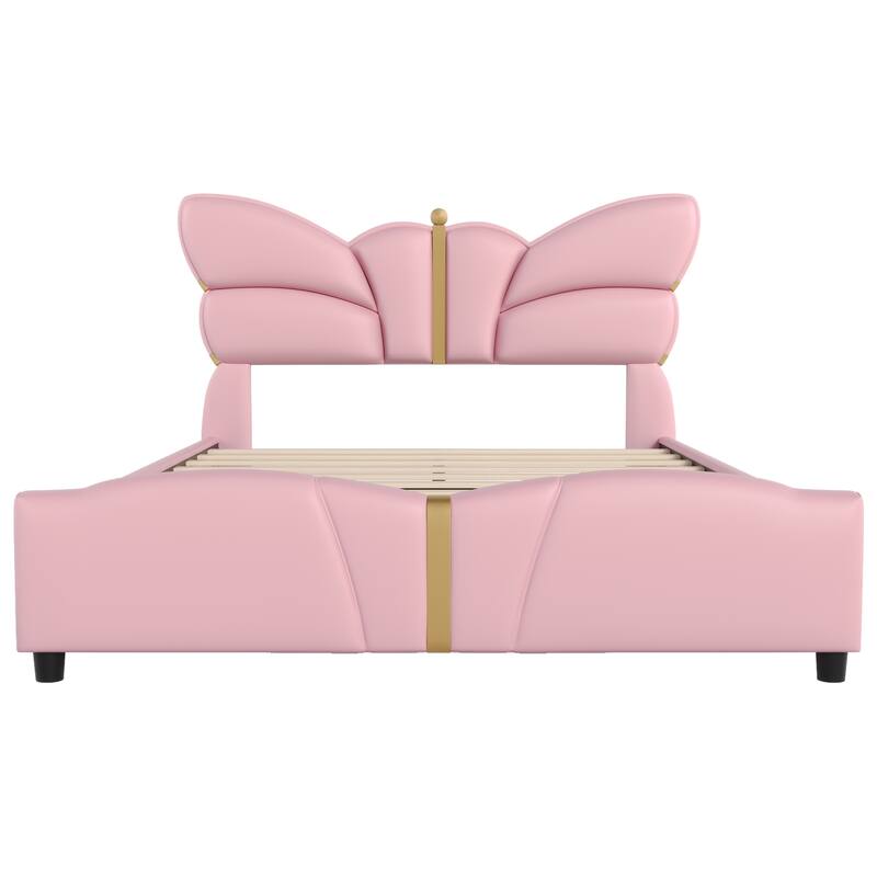 Butterfly Shaped Queen Size PU Leather Bed Frame with Gold Decorations, No Box Spring Needed, Light Pink