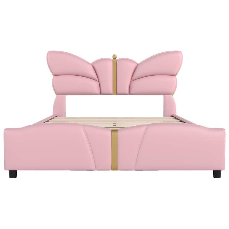 Queen Size Upholstered Bed Frame, with Butterfly Shaped Headboard and Footboard, Platform Bed Frame with Metal Decorations