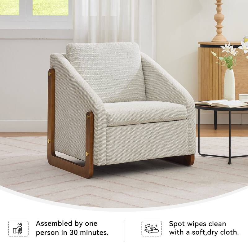 Modern Chenille Upholstered Armchair with Wooden Side Frame, Single Accent Leisure Chair with Backrest for Living Room, Bedroom
