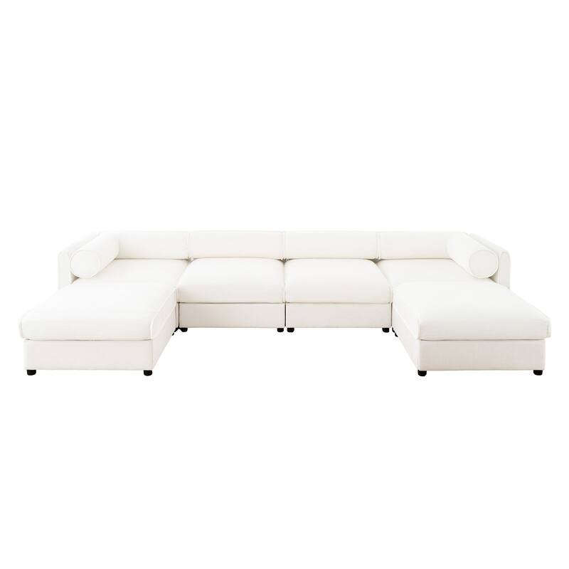 Modern Chenille 6-Seater Sofa with Ottoman Storage, Hidden Storage, Cylindrical Cushioned Arms and Backrest