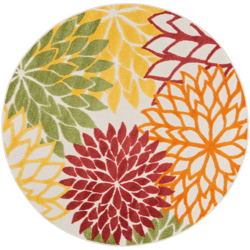 Nourison Aloha Floral Modern, Indoor/Outdoor Area Rug - 5'3" x Round - Red/Multi/Colored