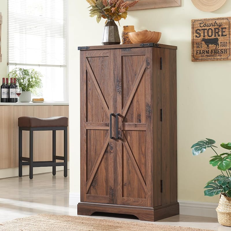 47" Farmhouse Kitchen Pantry, Storage Cabinet with Barn Doors - Brown